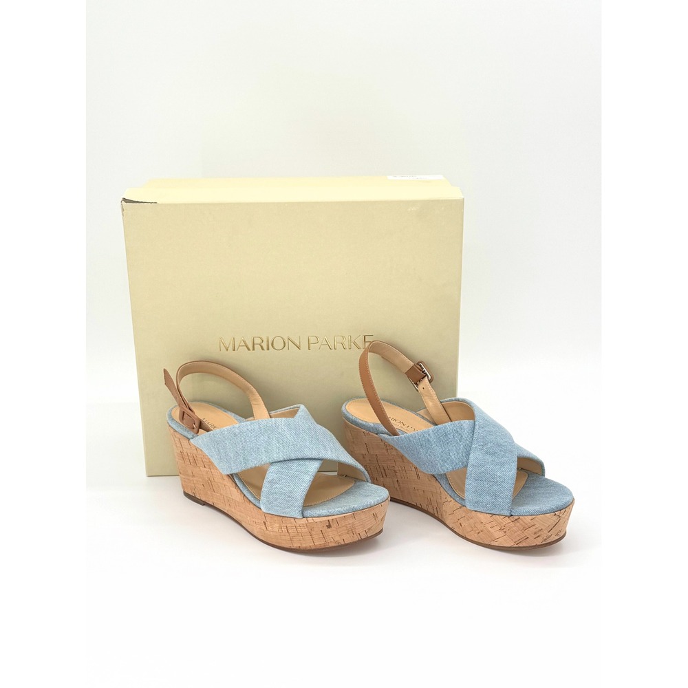 Marion Parke Maren Wedge Sandal Blue Denim Caramel Leather Cork IT 38 US 8